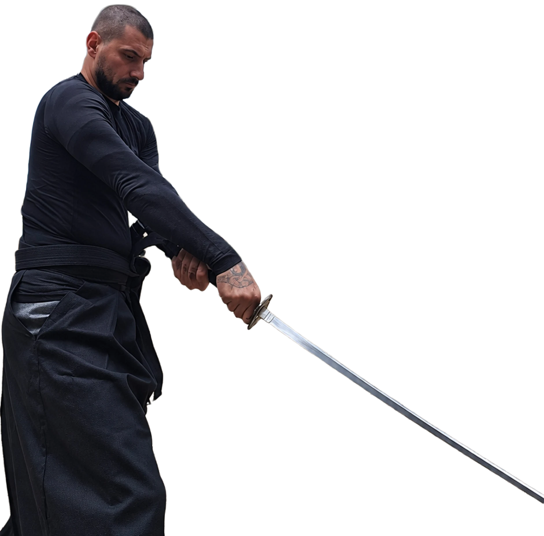 Luca Appignani in hakama, con la katana impugnata a due mani e la lama puntata in basso